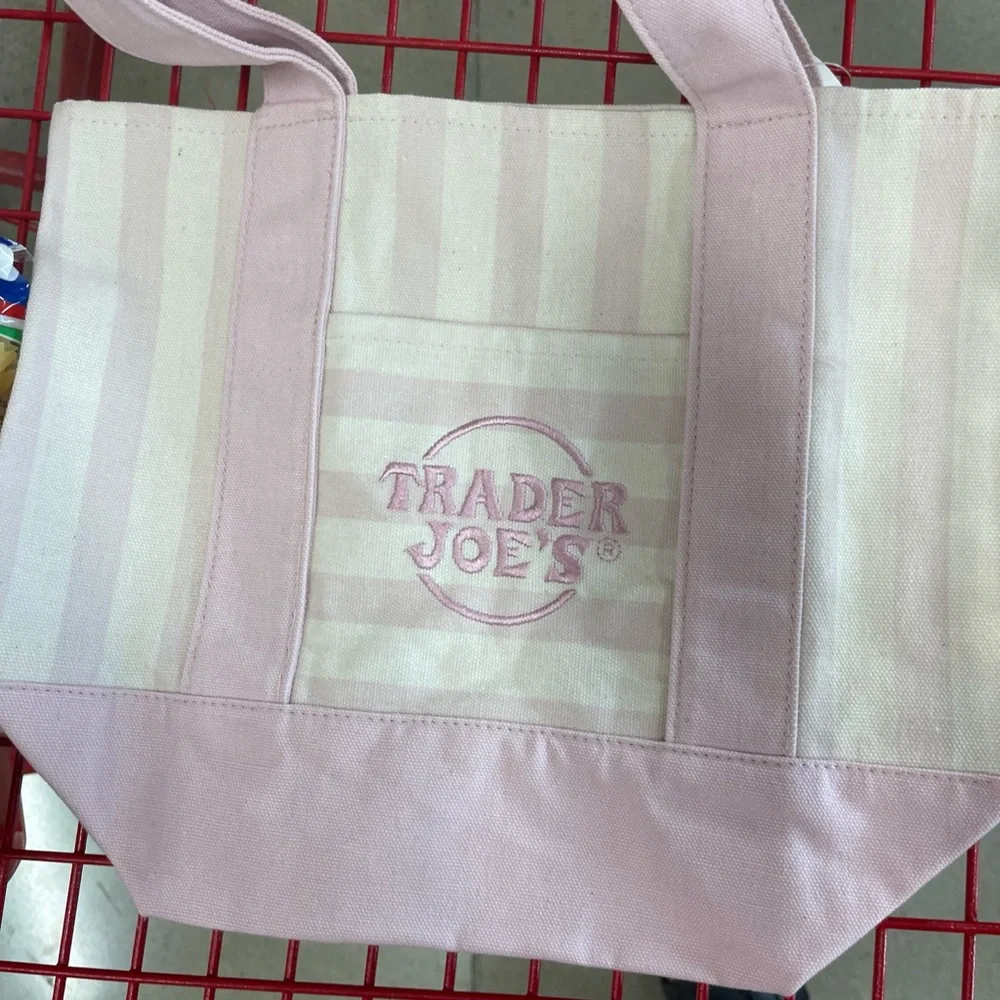 NWT Trader Joe's pink & White Striped Canvas Tote Bag